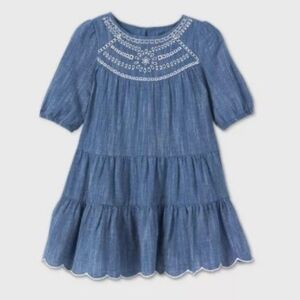Cat & Jack Chambray Blue Kids Dress with Embroidered Lace Detail. Sz 4